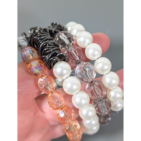 Pink Gray Faux Pearl Beaded Coil Bracelet Gray Metal Chain Wide 7.5" - Picture 6 of 9